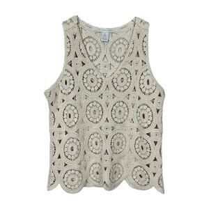 Vintage Design History Cream Crochet V-Neck Tank Top Medium Sleeveless Boho Fall